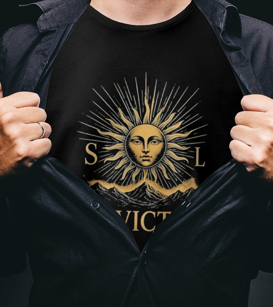 Sol Invictus Sun Face With Radiant Beams And Mountain Celestial T-Shirt