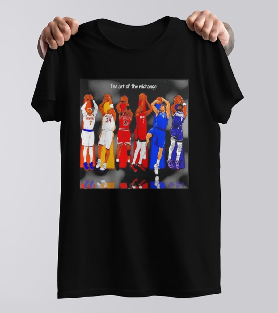 The Art Of The Midrange Basketball Legends Collage Knicks Lakers Bulls Rockets Mavericks T-Shirt