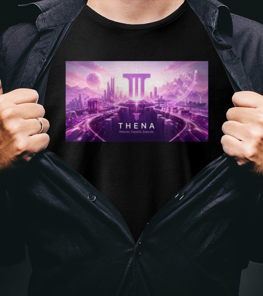 Thena Rebuild Expand Execute Futuristic Cityscape With Purple Skyline And Skyscrapers T-Shirt