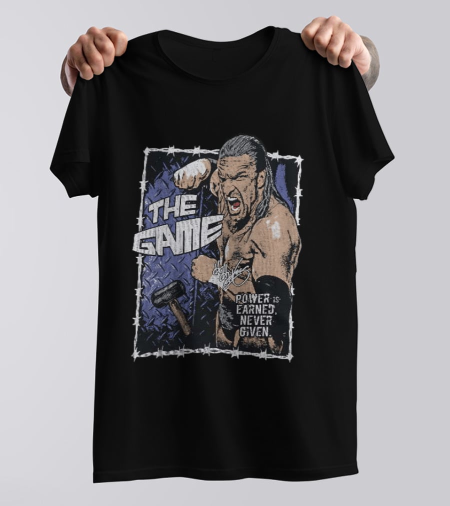 Triple H The Game WWE Power Is Earned Never Given Barbed Wire Signature Sledgehammer T-Shirt