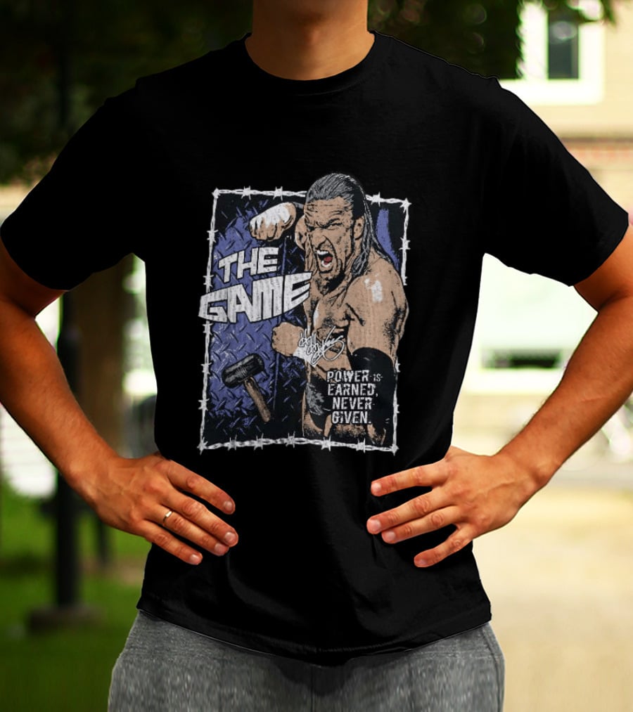 Triple H The Game WWE Power Is Earned Never Given Barbed Wire Signature Sledgehammer T-Shirt