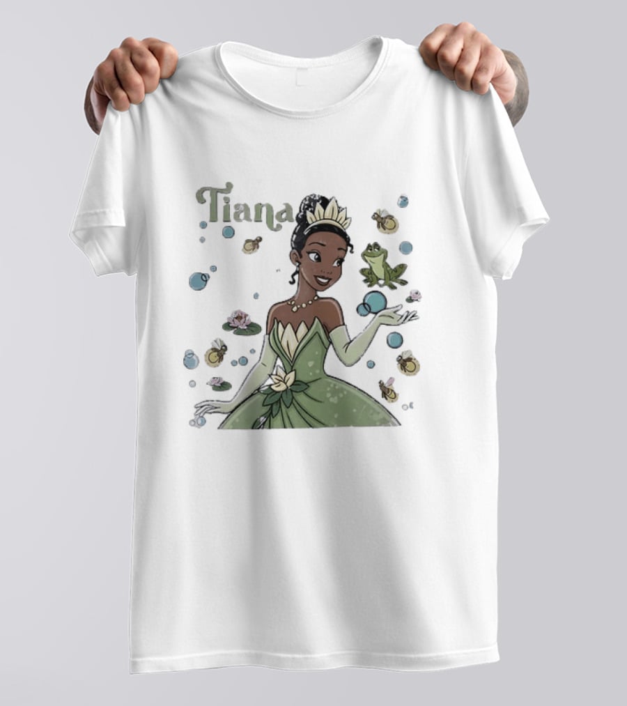 Tiana Disney Princess With Frog Fireflies And Water Lilies T-Shirt