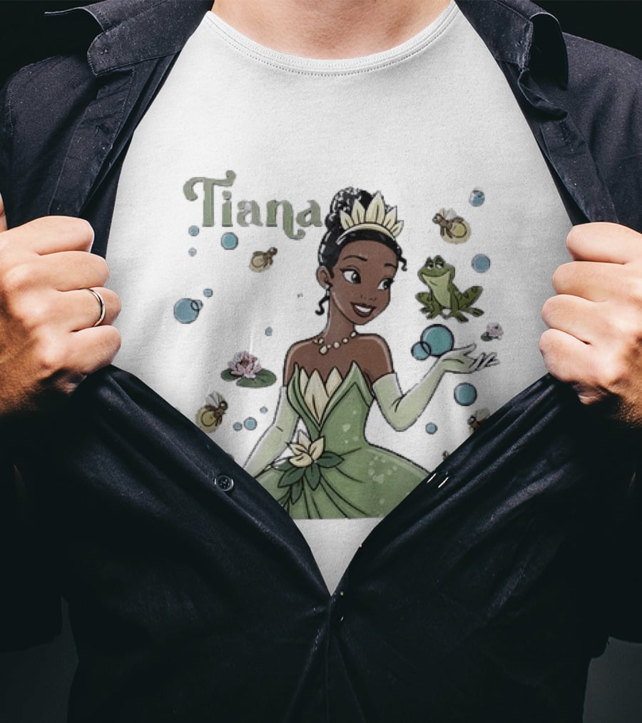Tiana Disney Princess With Frog Fireflies And Water Lilies T-Shirt