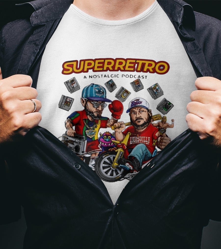 SuperRetro A Nostalgic Podcast Charlotte Hornets Louisville Cardinals Boombox Ugk Figurines Retro Games T-Shirt