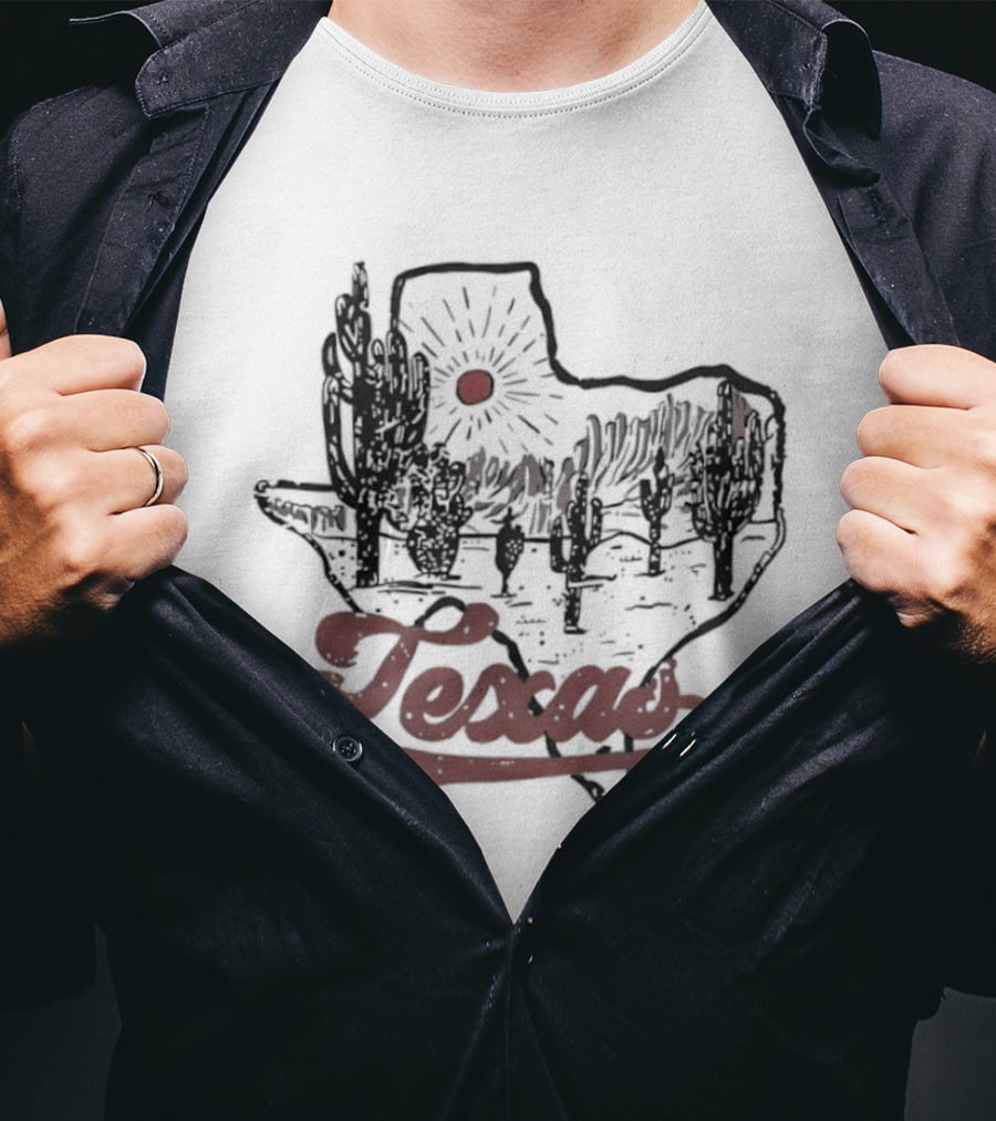 Texas Cacti Sun Rays Desert Scene Map T-Shirt