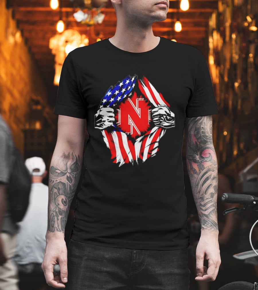Nebraska Cornhuskers N Logo Ripped American Flag T-Shirt