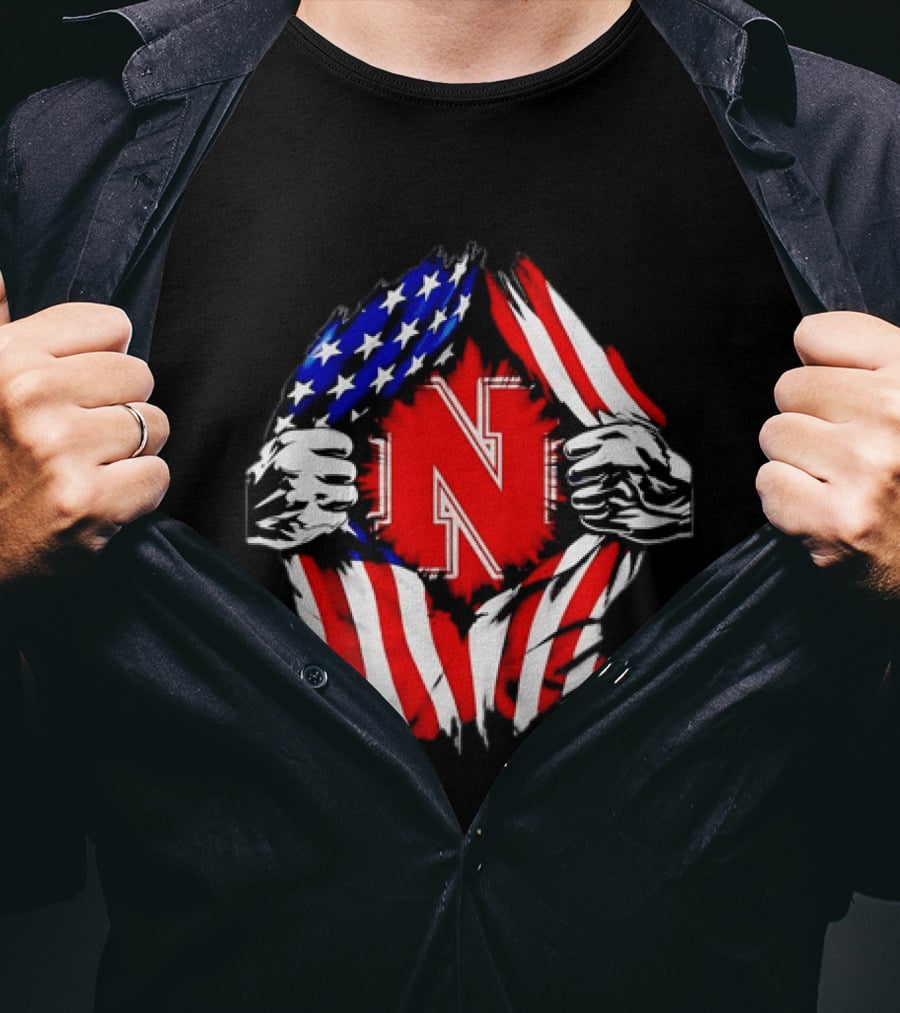 Nebraska Cornhuskers N Logo Ripped American Flag T-Shirt