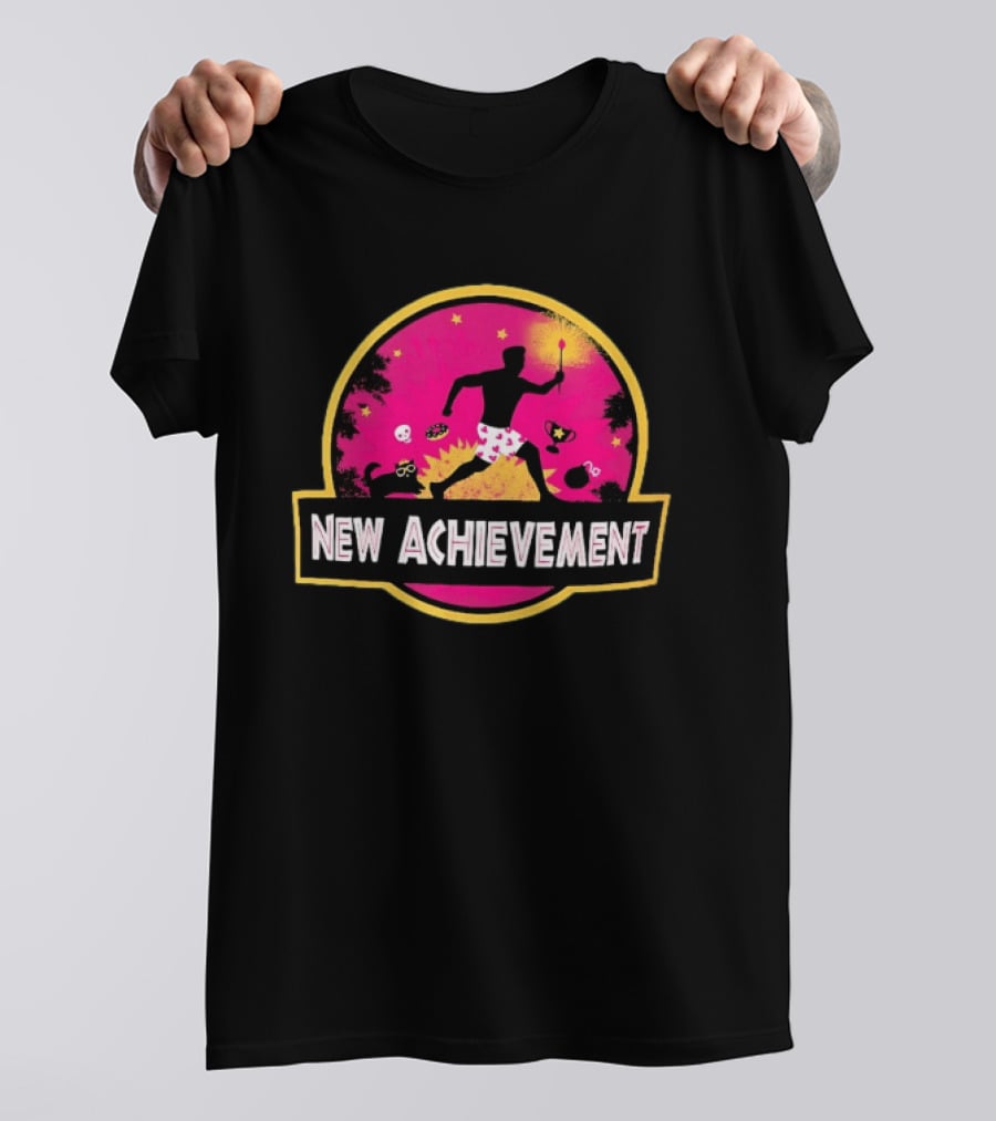 New Achievement Gaming Gamer Video Game Silhouette With Cat And Trophy T-Shirt