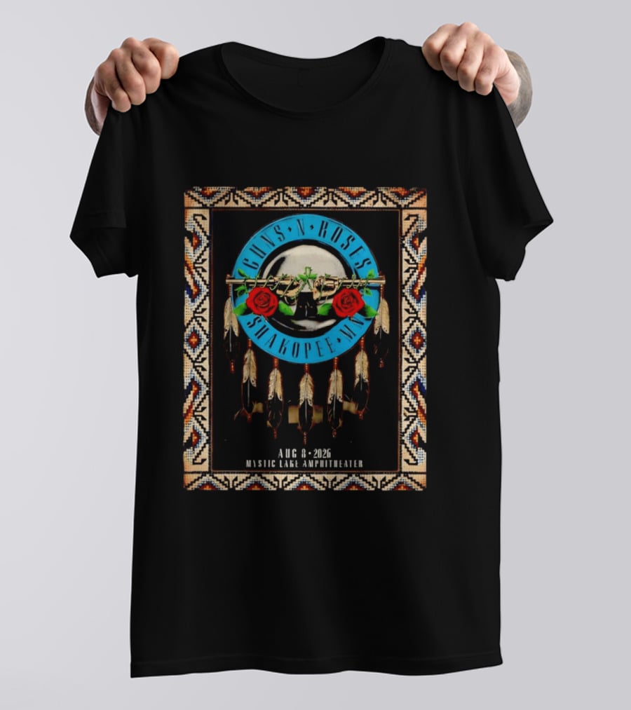 Guns N' Roses Shakopee MN August 8 2026 Mystic Lake Amphitheater Beaded Border Feathers Roses T-Shirt