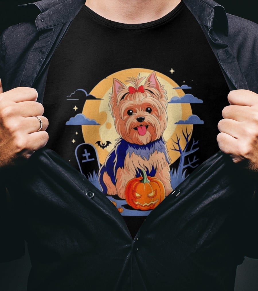 Yorkshire Terrier With Pumpkin On Spooky Halloween Night T-Shirt