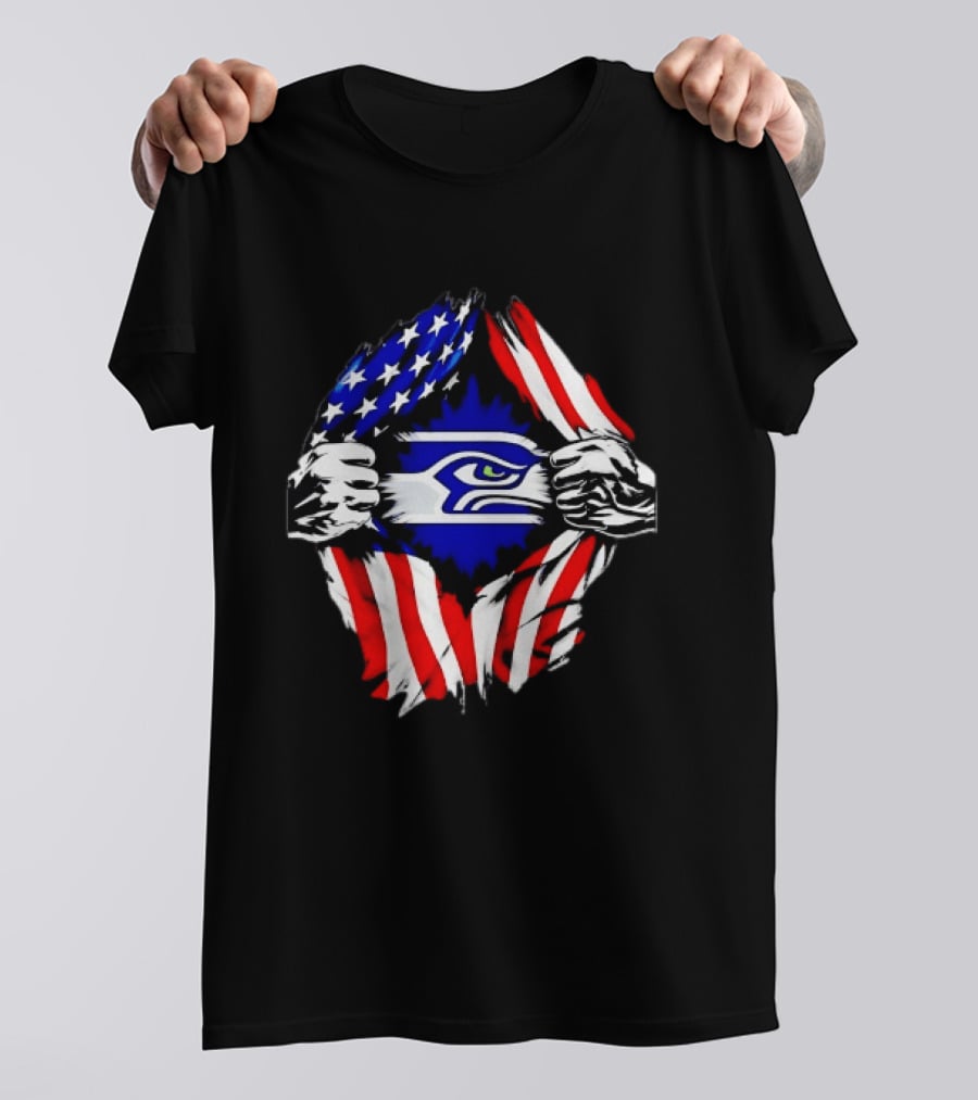 Seattle Seahawks American Flag Ripped Chest USA Fan Gear T-Shirt
