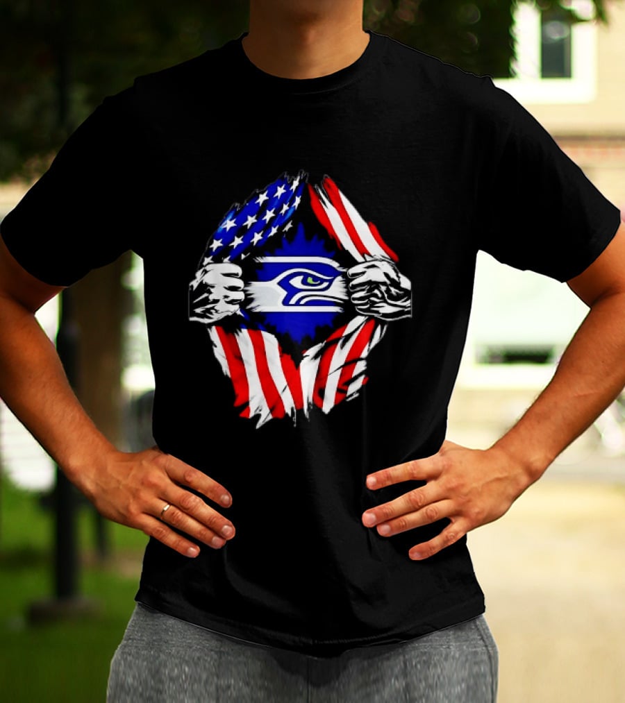 Seattle Seahawks American Flag Ripped Chest USA Fan Gear T-Shirt