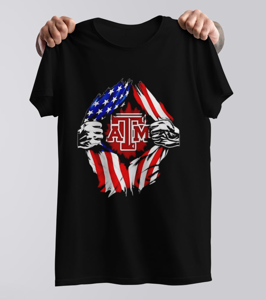 Texas A And M University Ripped Chest American Flag T-Shirt