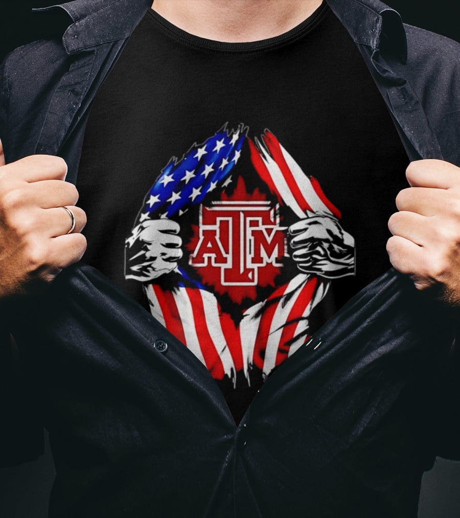 Texas A And M University Ripped Chest American Flag T-Shirt