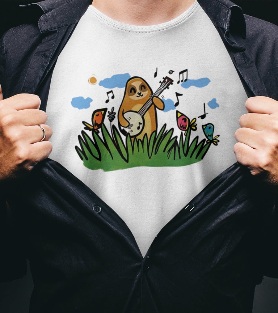 Sloth Happy Playing The Banjo With Singing Birds T-Shirt