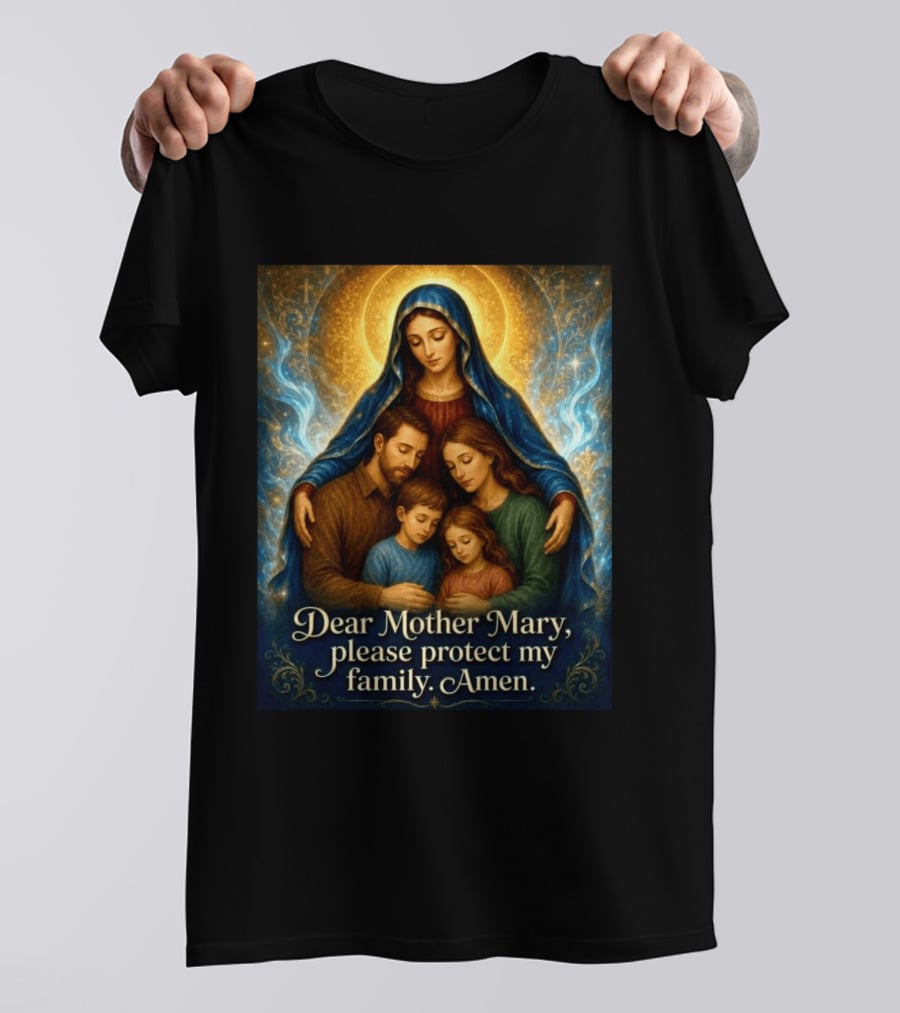 Dear Mother Mary Please Protect My Family Amen Sacred Family Blessing With Holy Halo And Crosses T-Shirt
