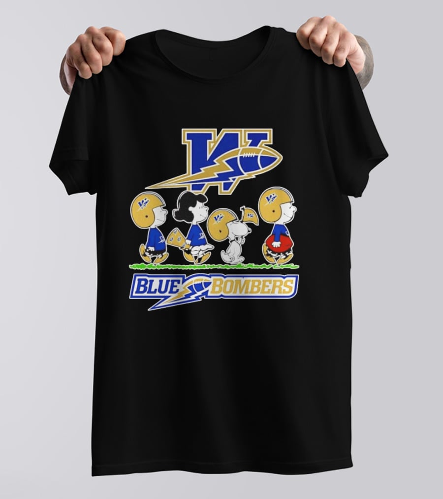 Peanuts Characters Winnipeg Blue Bombers CFL Collaboration Charlie Brown Snoopy Lucy Football Helmets T-Shirt