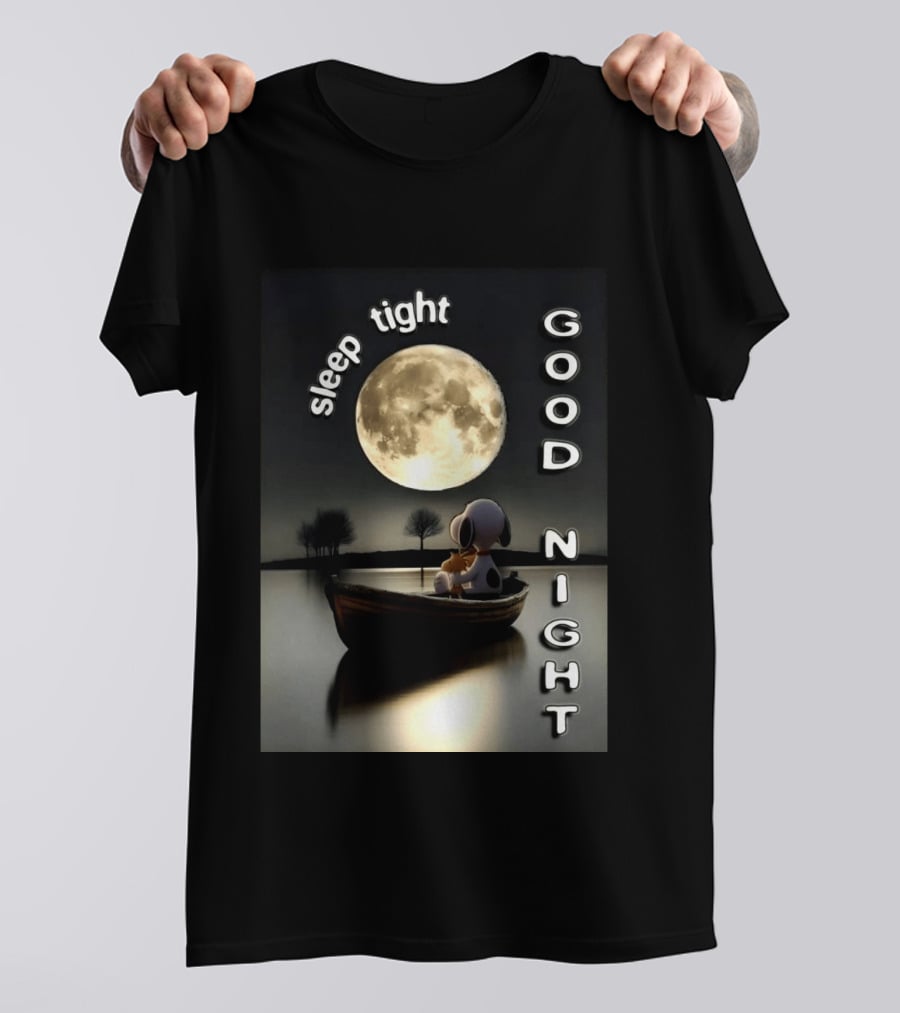 Sleep Tight Good Night Snoopy And Woodstock Moonlight Boat Scene T-Shirt