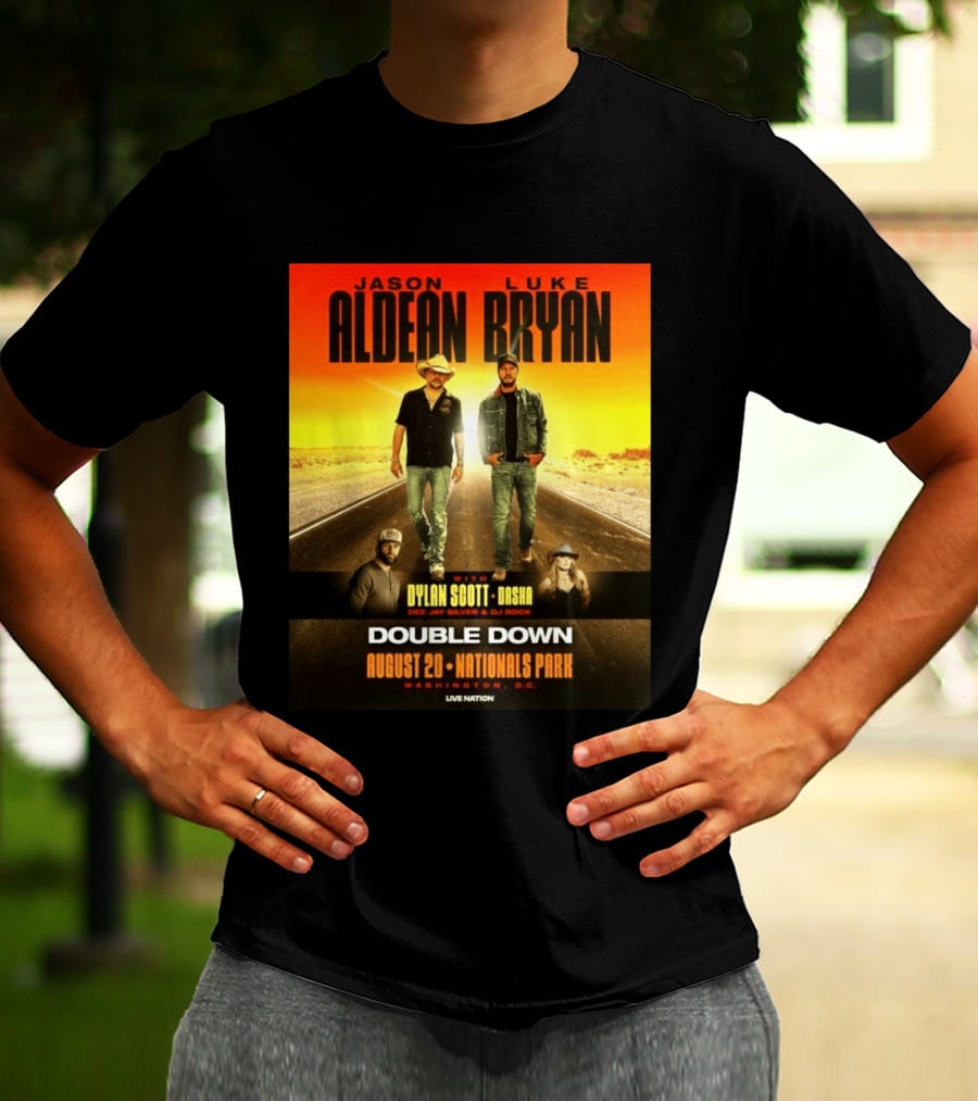 Jason Aldean Luke Bryan Double Down August 20 Nationals Park Washington D.C. With Dylan Scott Dasha Dee Jay Silver Dj Rock Live Nation T-Shirt