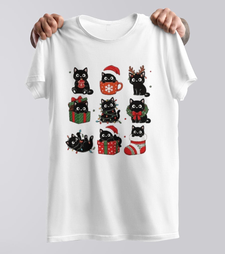 Black Cats Christmas Grid T-Shirt