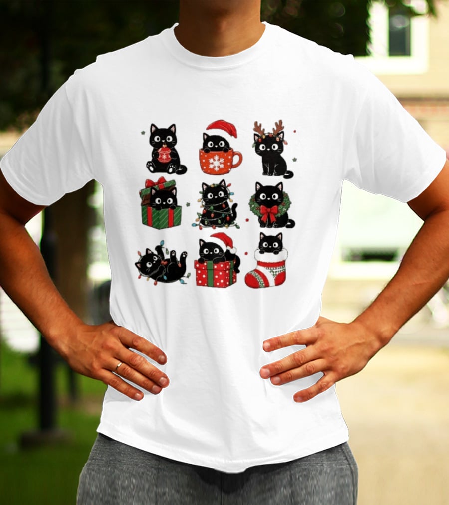 Black Cats Christmas Grid T-Shirt