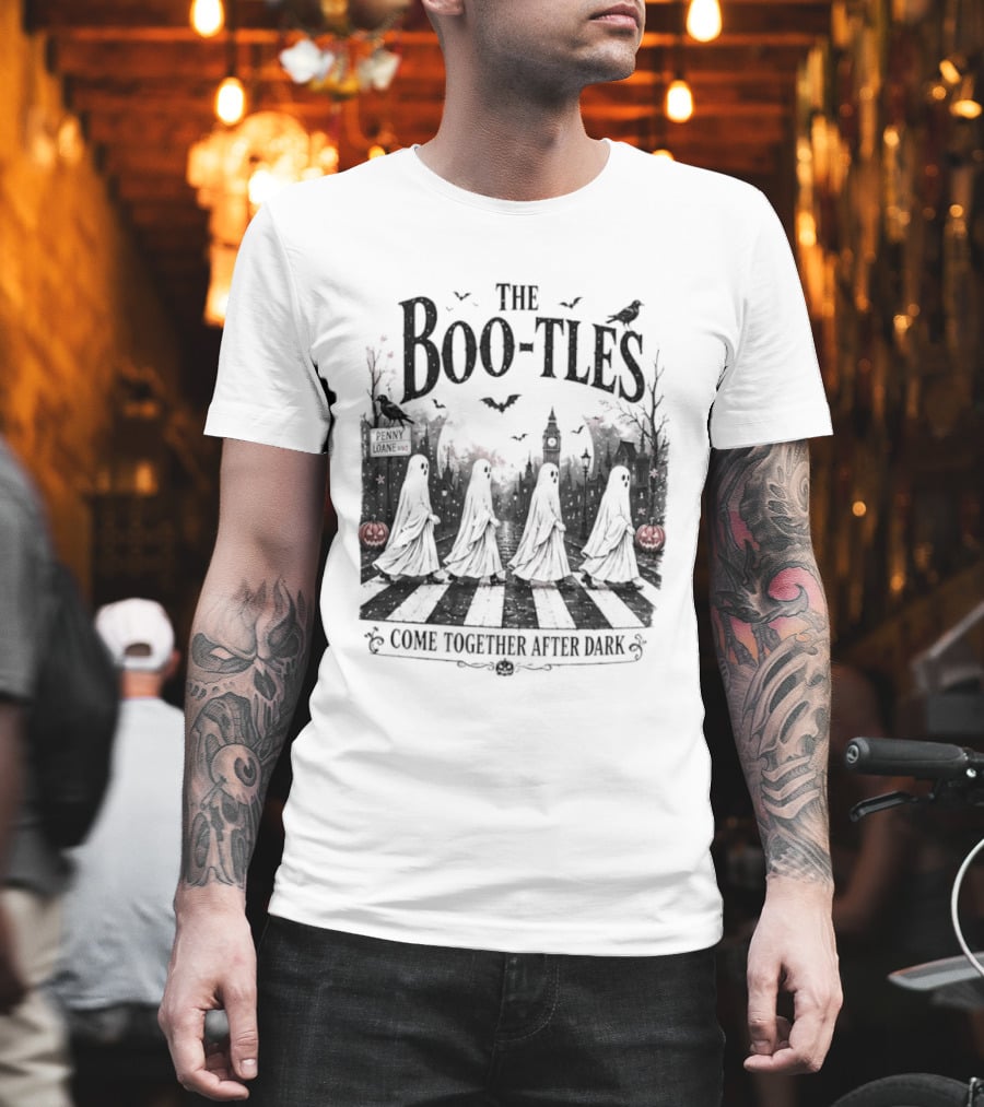 The Boo Tles Come Together After Dark Halloween Ghostly Abbey Road Bats Pumpkins T-Shirt