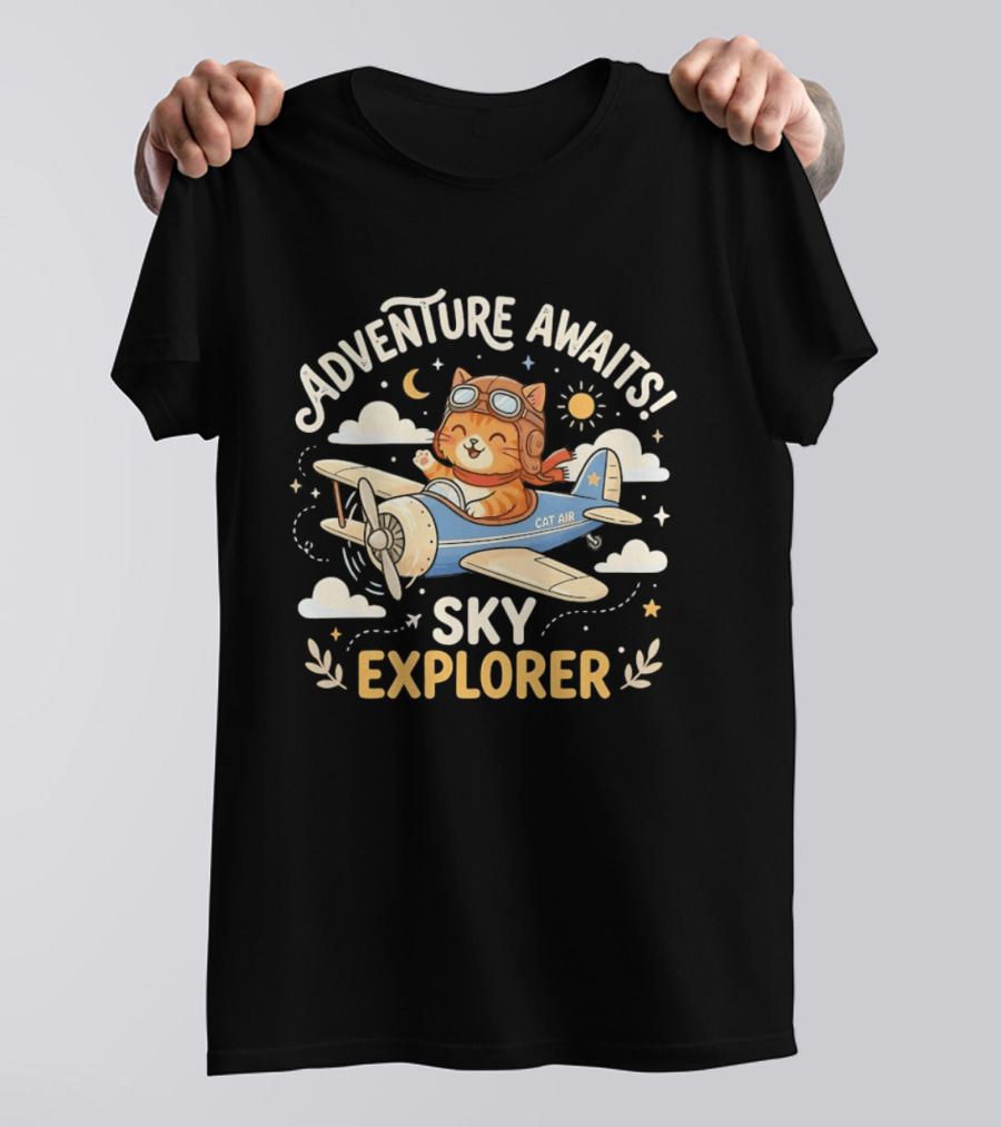 Adventure Awaits Cat Sky Explorer Airplane T-Shirt