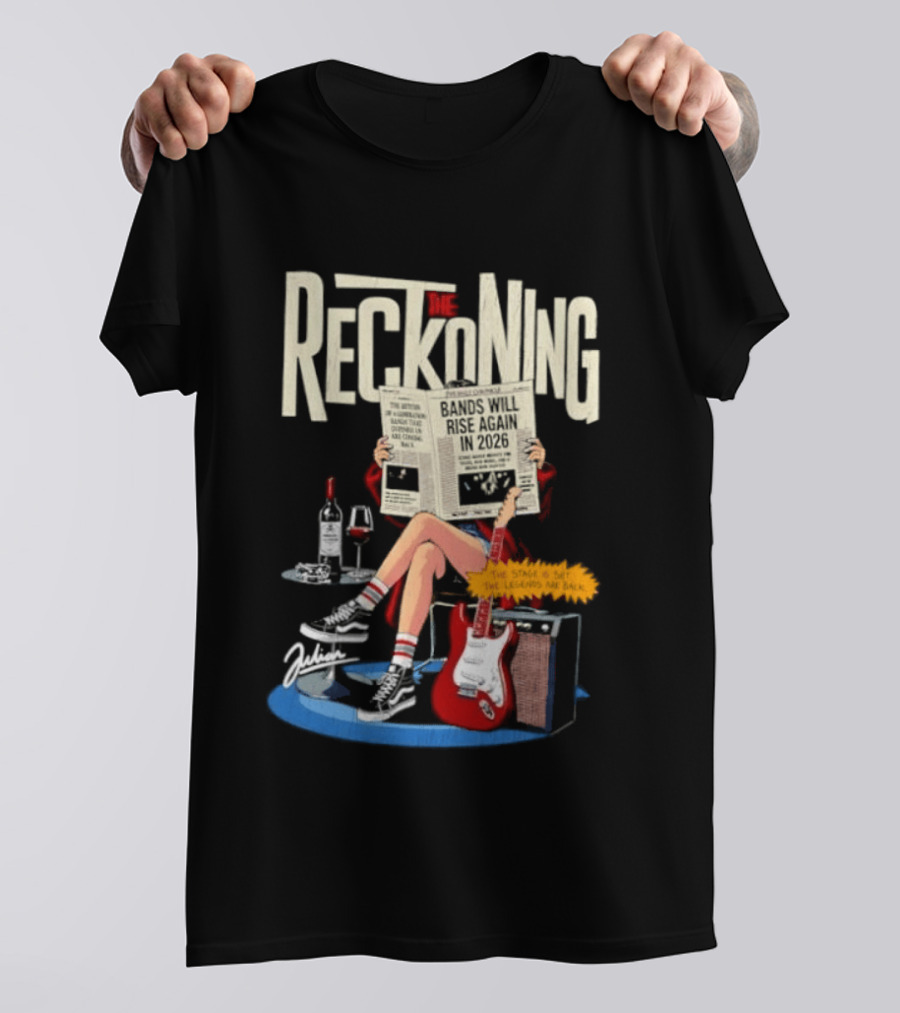 The Reckoning Bands Will Rise Again 2026 Woman Reading Newspaper Red Electric Guitar Amp T-Shirt