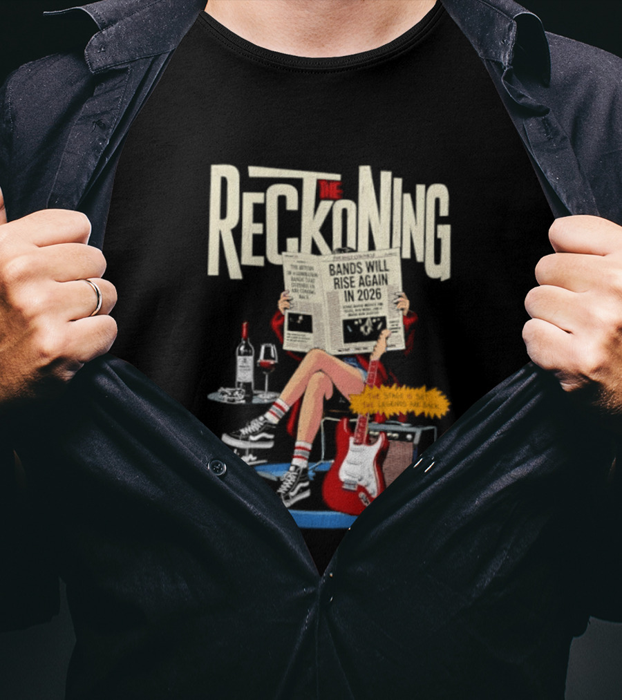 The Reckoning Bands Will Rise Again 2026 Woman Reading Newspaper Red Electric Guitar Amp T-Shirt