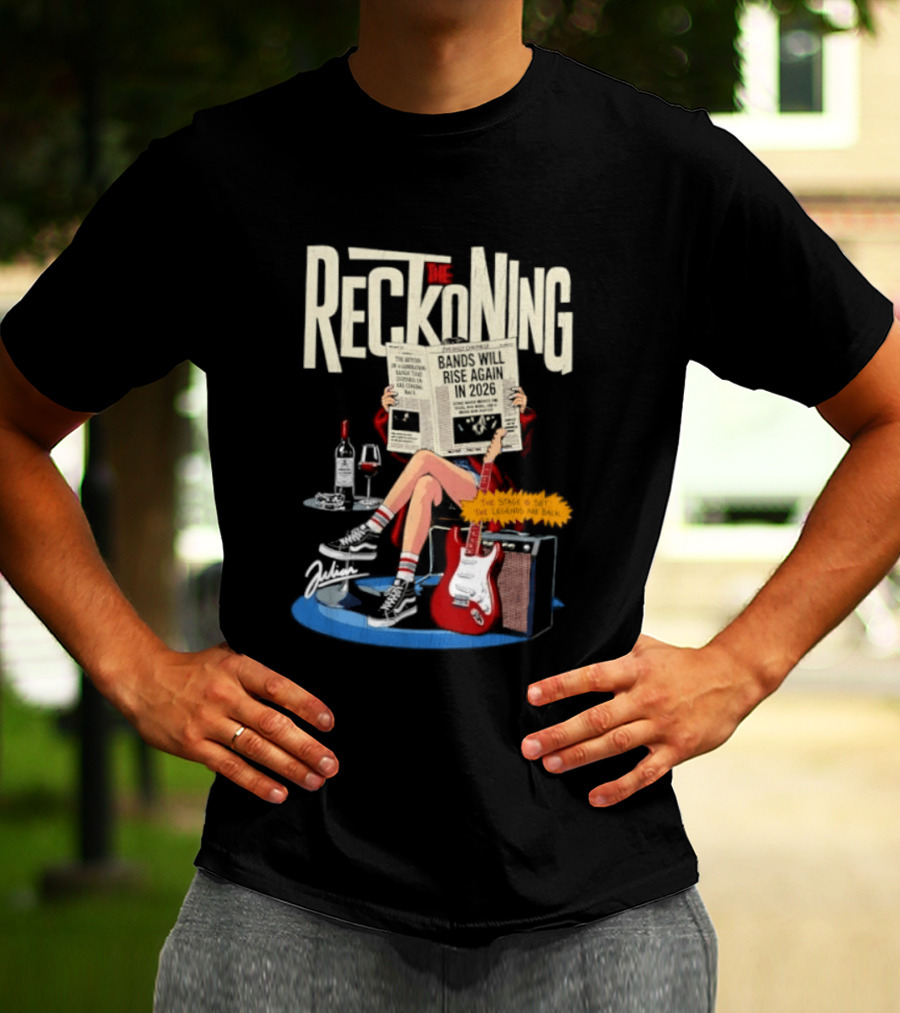 The Reckoning Bands Will Rise Again 2026 Woman Reading Newspaper Red Electric Guitar Amp T-Shirt