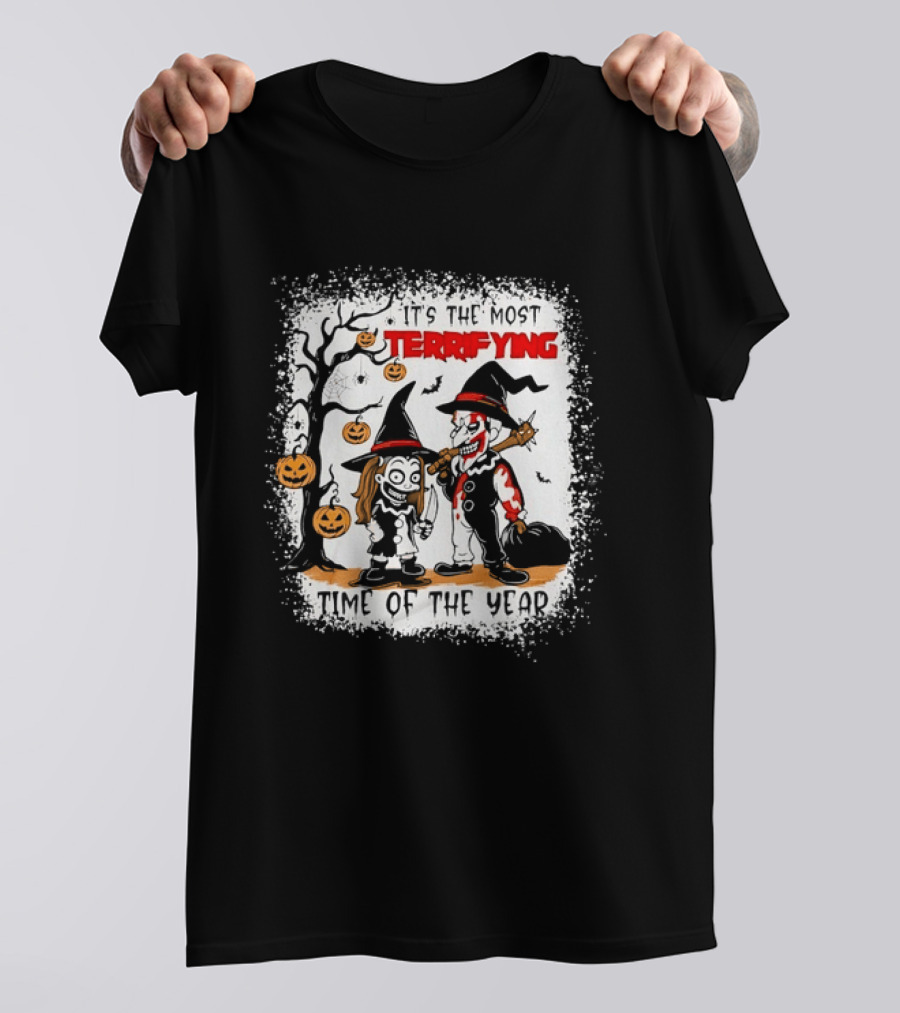 It's The Most Terrifying Time Of The Year Halloween Witch And Clown Axe Pumpkin T-Shirt