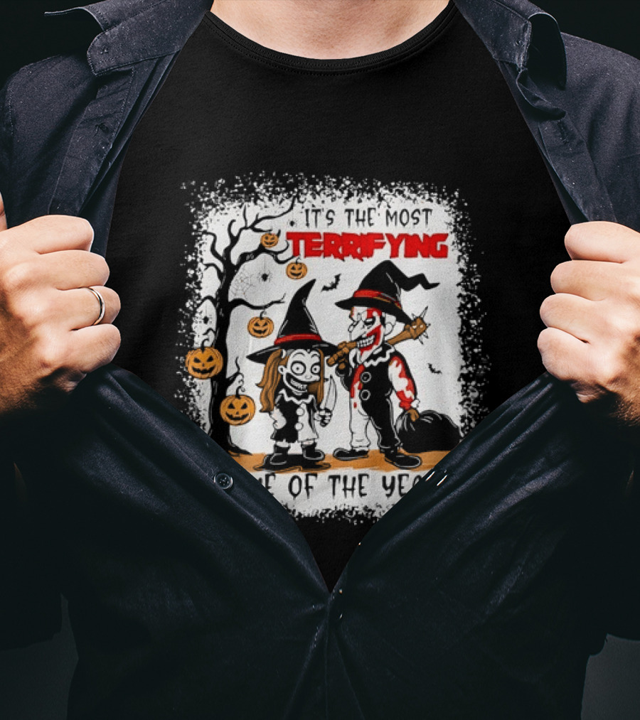 It's The Most Terrifying Time Of The Year Halloween Witch And Clown Axe Pumpkin T-Shirt