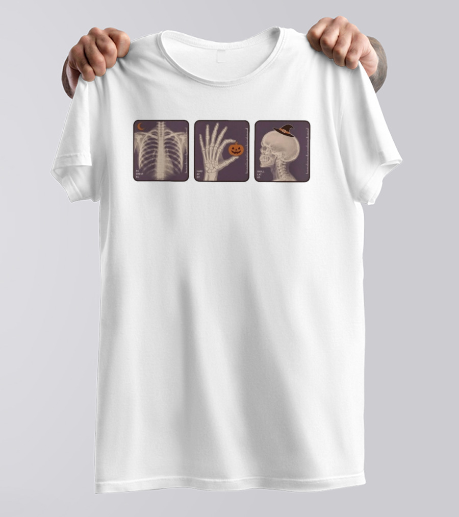 X Ray Skeleton Halloween Chest Hand Pumpkin Skull Witch Hat T-Shirt