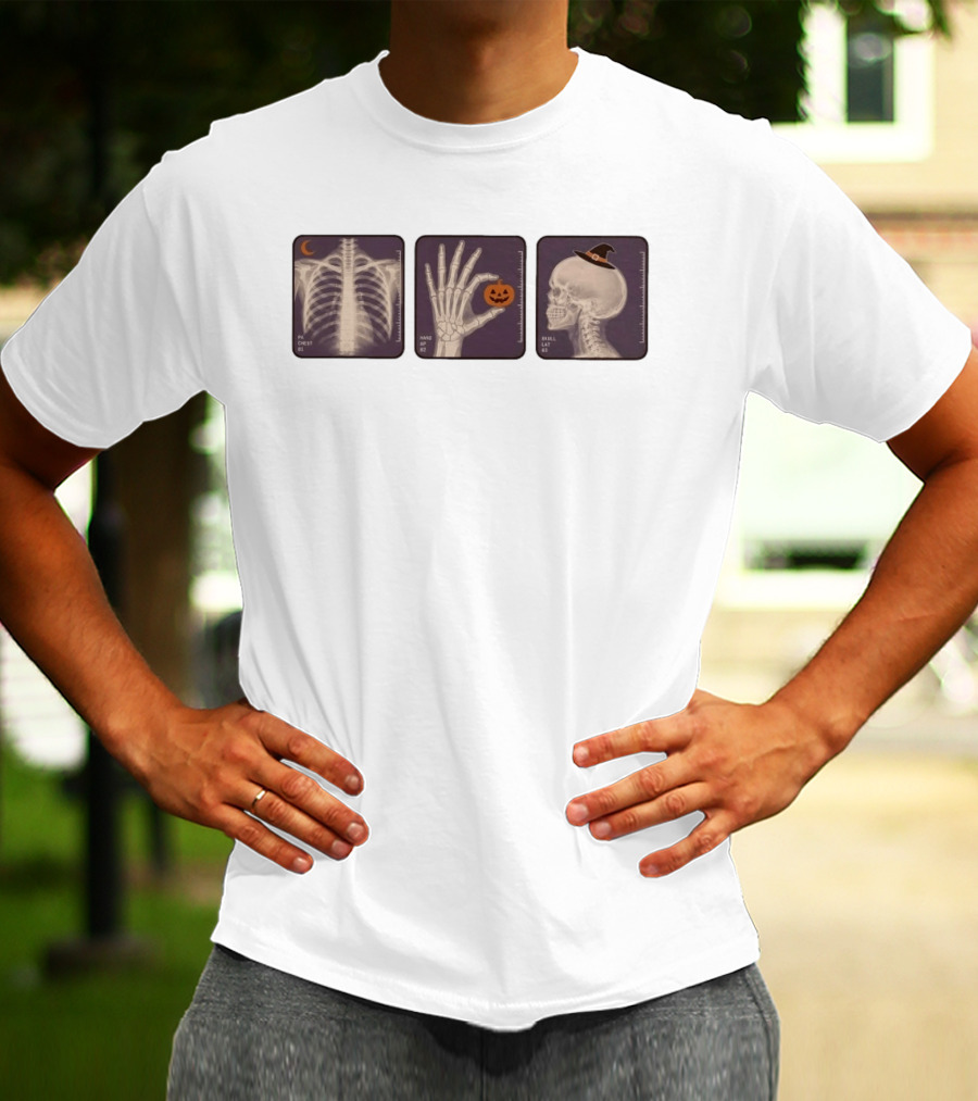 X Ray Skeleton Halloween Chest Hand Pumpkin Skull Witch Hat T-Shirt