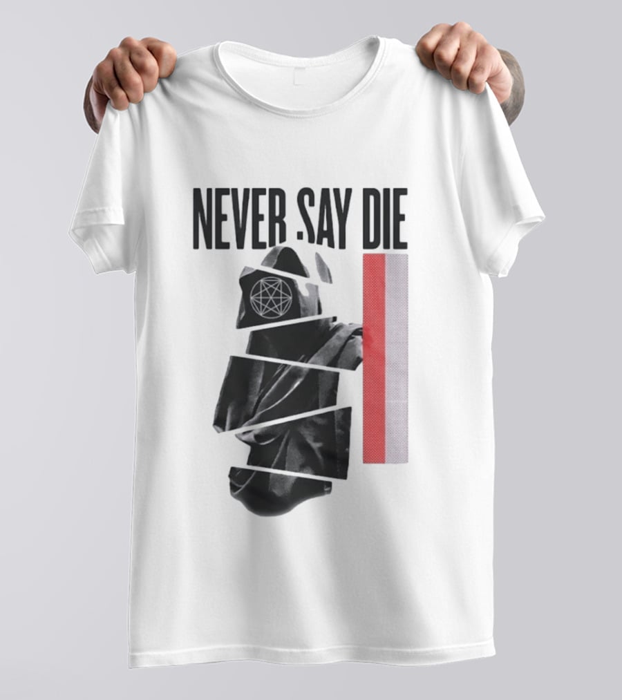 Never Say Die Hooded Occult Figure With Pentagram Halftone T-Shirt