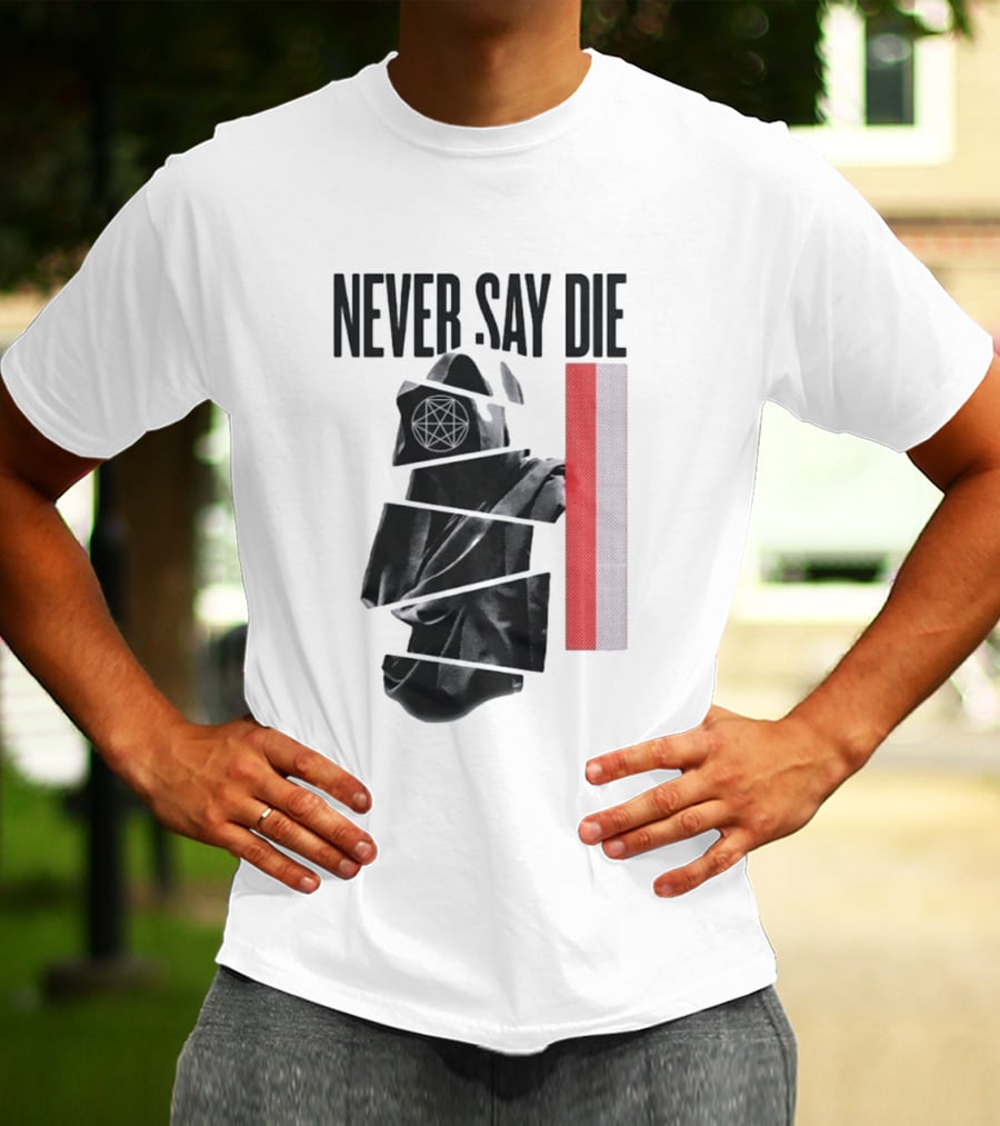 Never Say Die Hooded Occult Figure With Pentagram Halftone T-Shirt