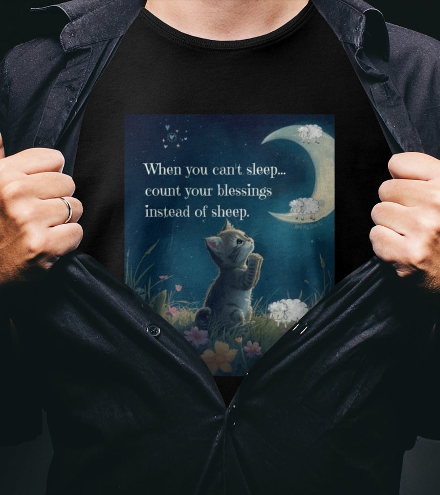 Cat When You Can't Sleep Count Your Blessings Instead Of Sheep Healing Vibes Moon Sheep Flowers T-Shirt