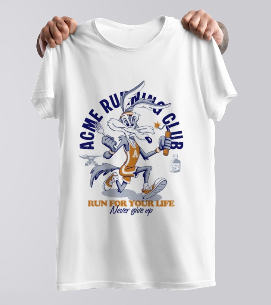 Acme Running Club Wile E Coyote Run For Your Life Never Give Up T-Shirt