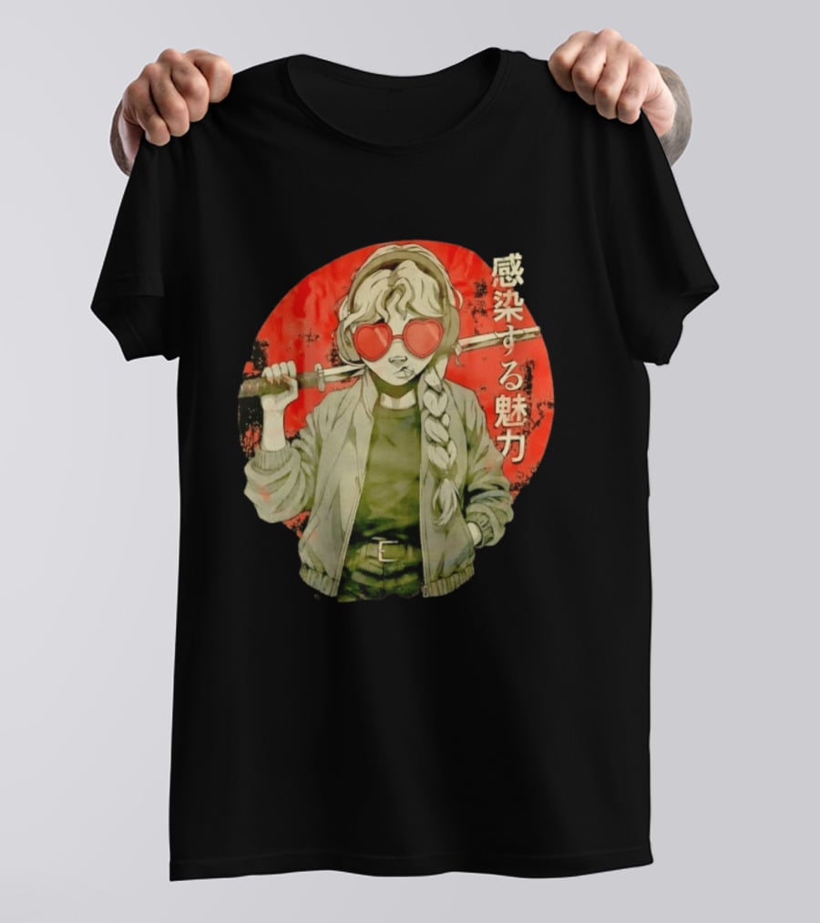 Anime Katana Girl Infectious Charm Heart Sunglasses Braided Hair T-Shirt