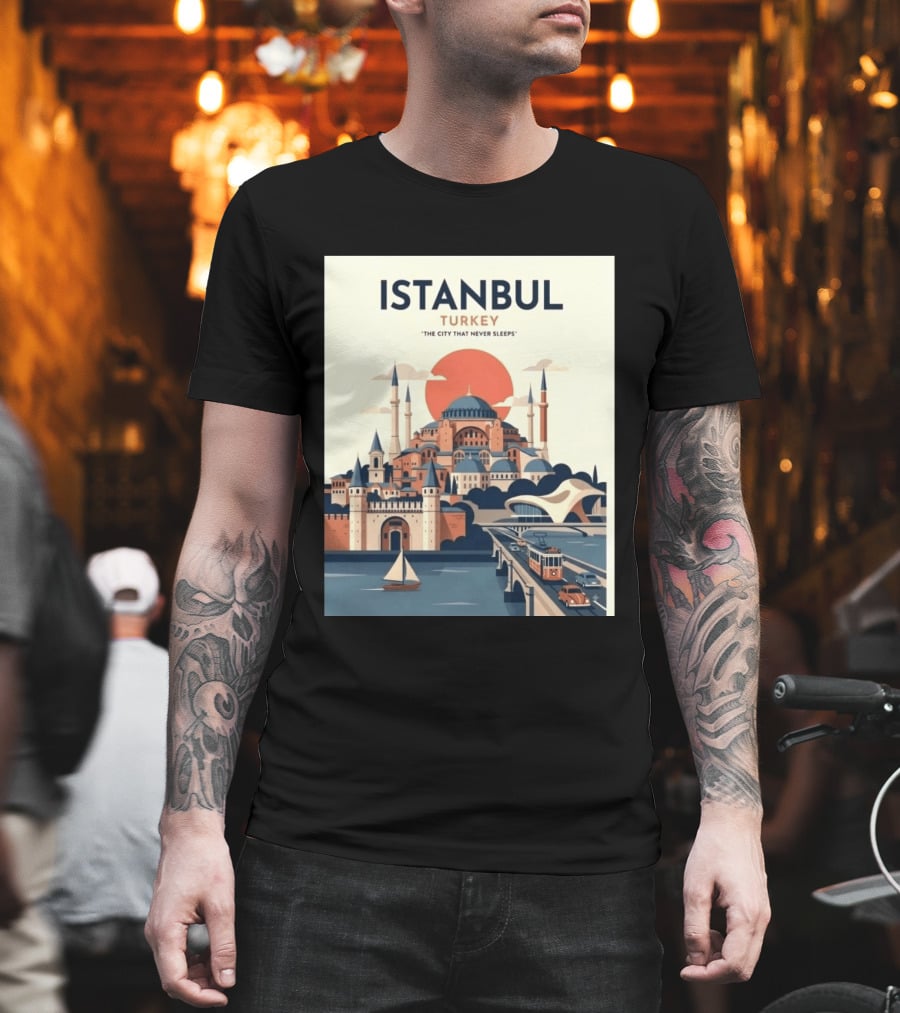 Istanbul Turkey The City That Never Sleeps Iconic Landmarks Urban Skyline Retro Style Scenic Tram And Sailboat T-Shirt