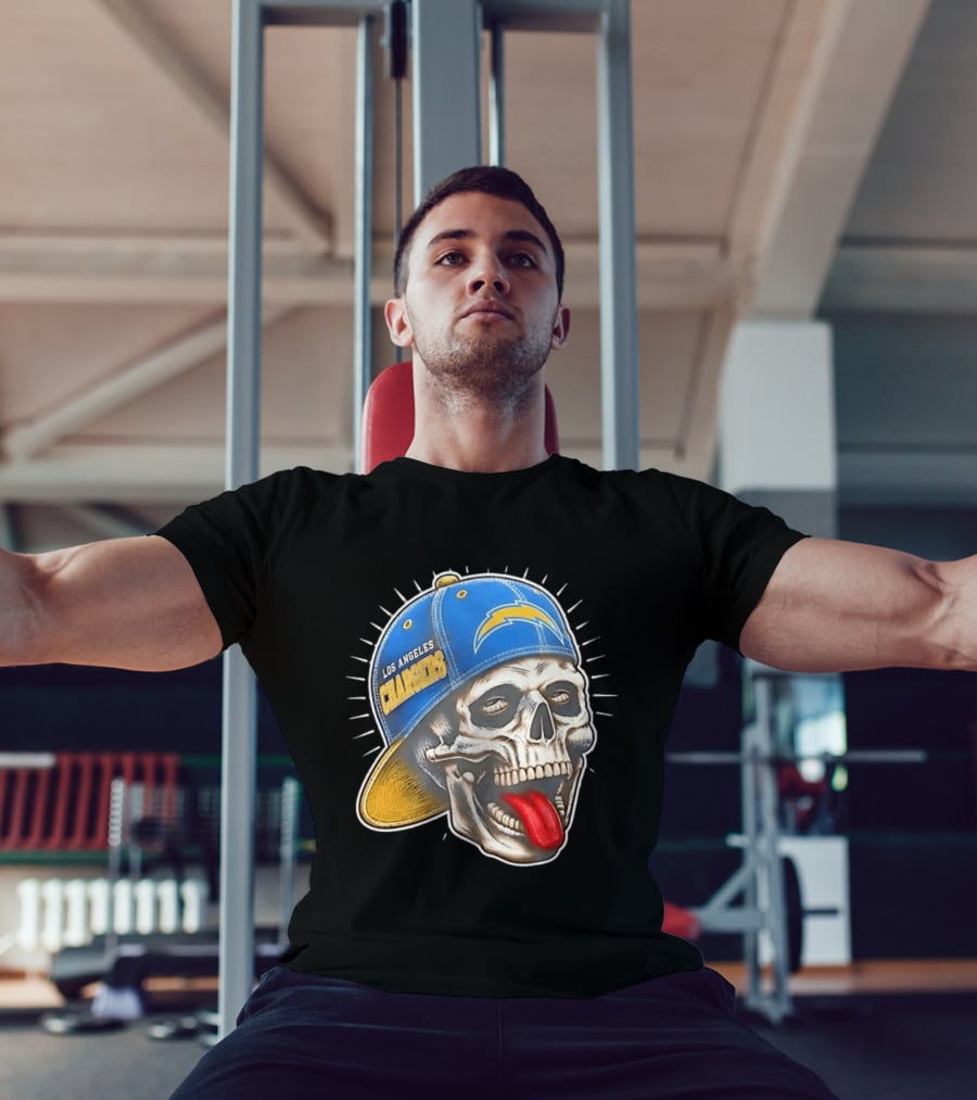 Los Angeles Chargers Skull Tongue Out Cap Football T-Shirt