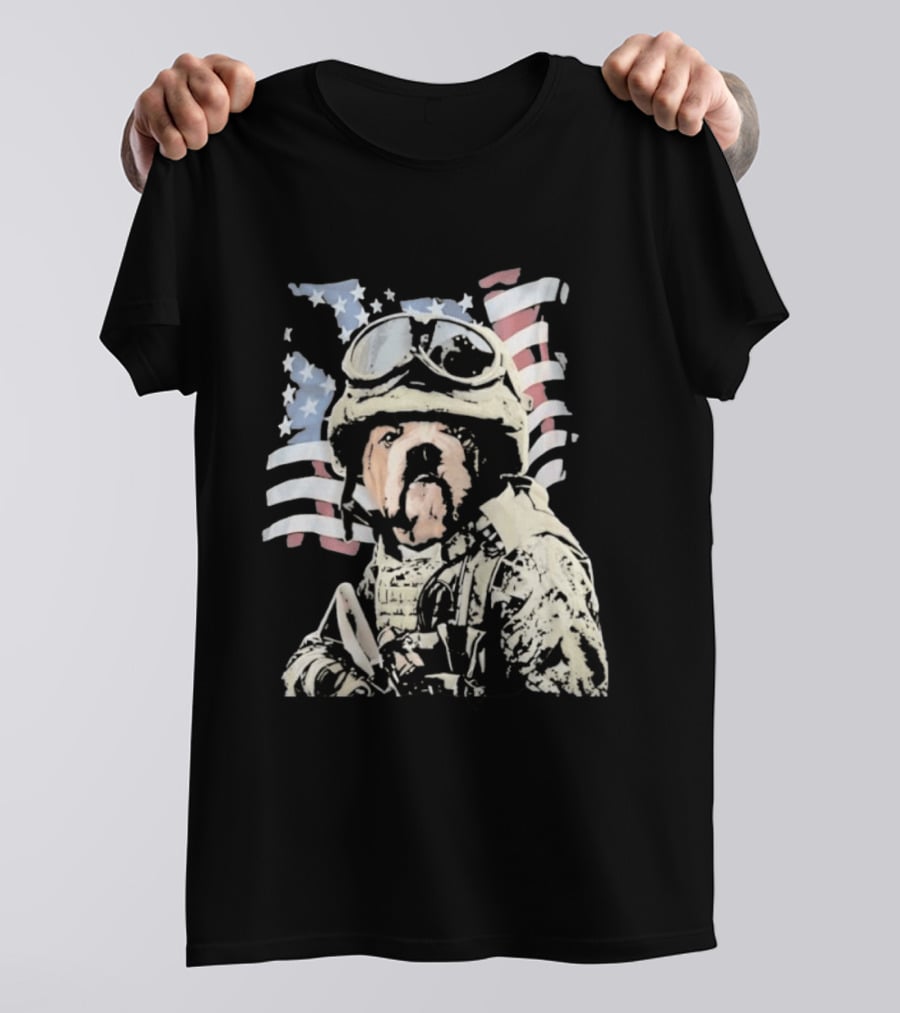 American Bulldog Soldier With United States Flag Goggles And Military Gear T-Shirt