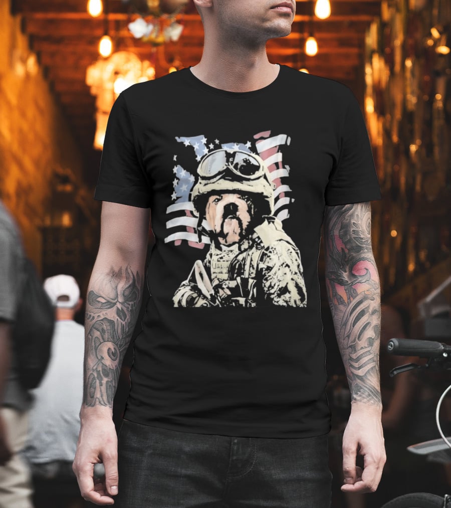 American Bulldog Soldier With United States Flag Goggles And Military Gear T-Shirt