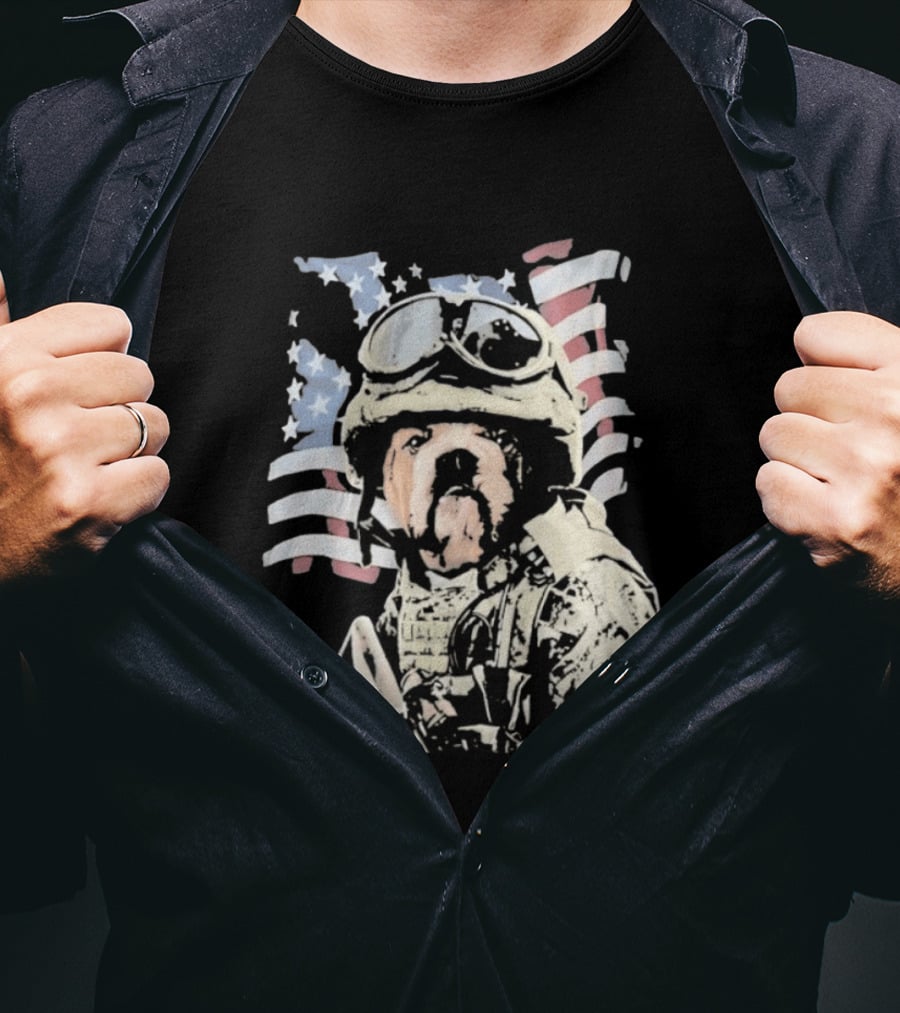 American Bulldog Soldier With United States Flag Goggles And Military Gear T-Shirt