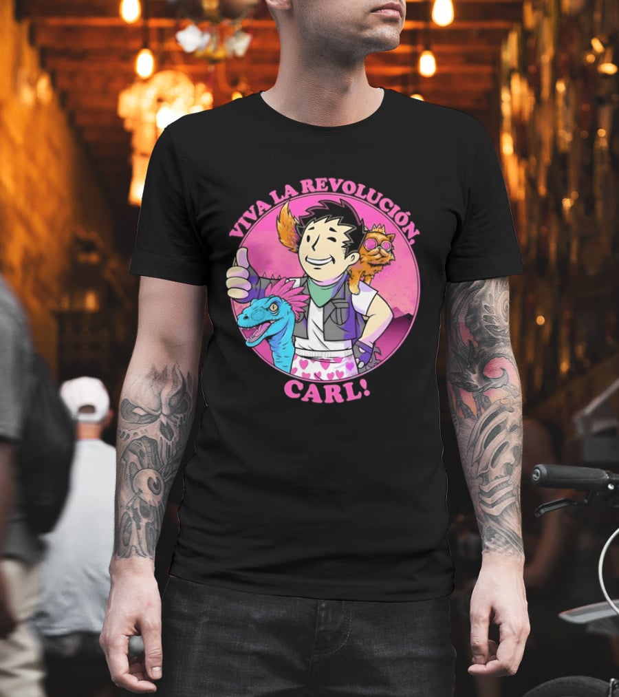 Viva La Revolución Carl Fallout Vault Boy Dinosaur Cat T-Shirt