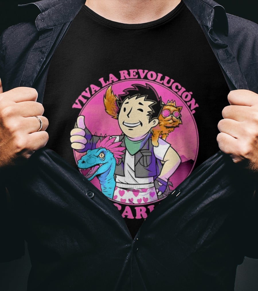 Viva La Revolución Carl Fallout Vault Boy Dinosaur Cat T-Shirt