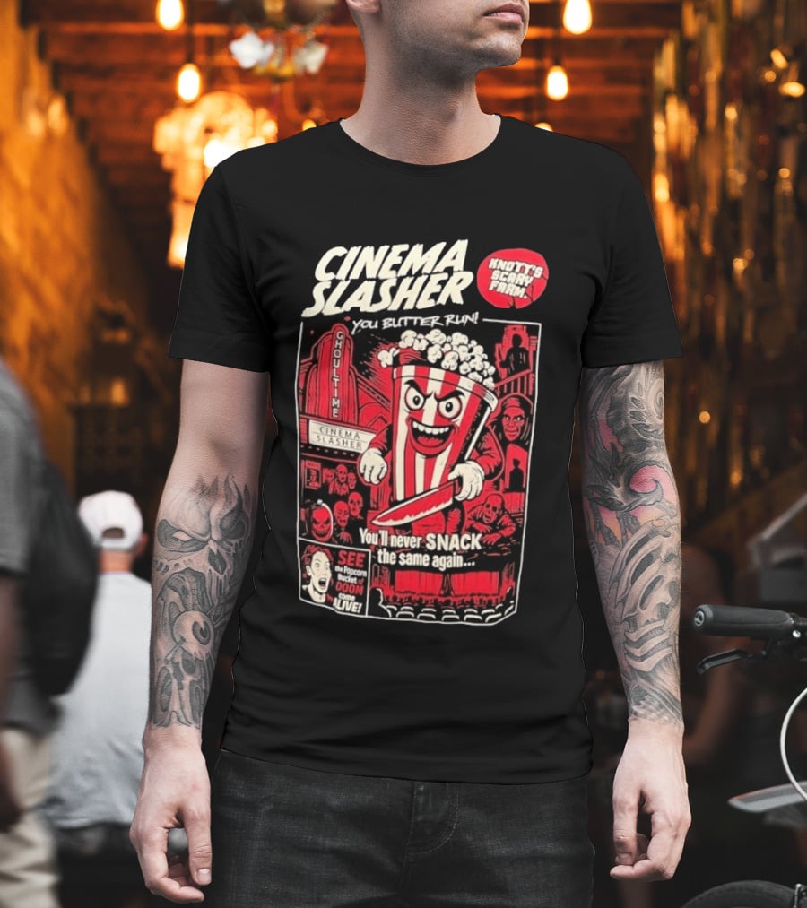Cinema Slasher You Butter Run Knott's Scary Farm Popcorn Bucket Of Doom T-Shirt