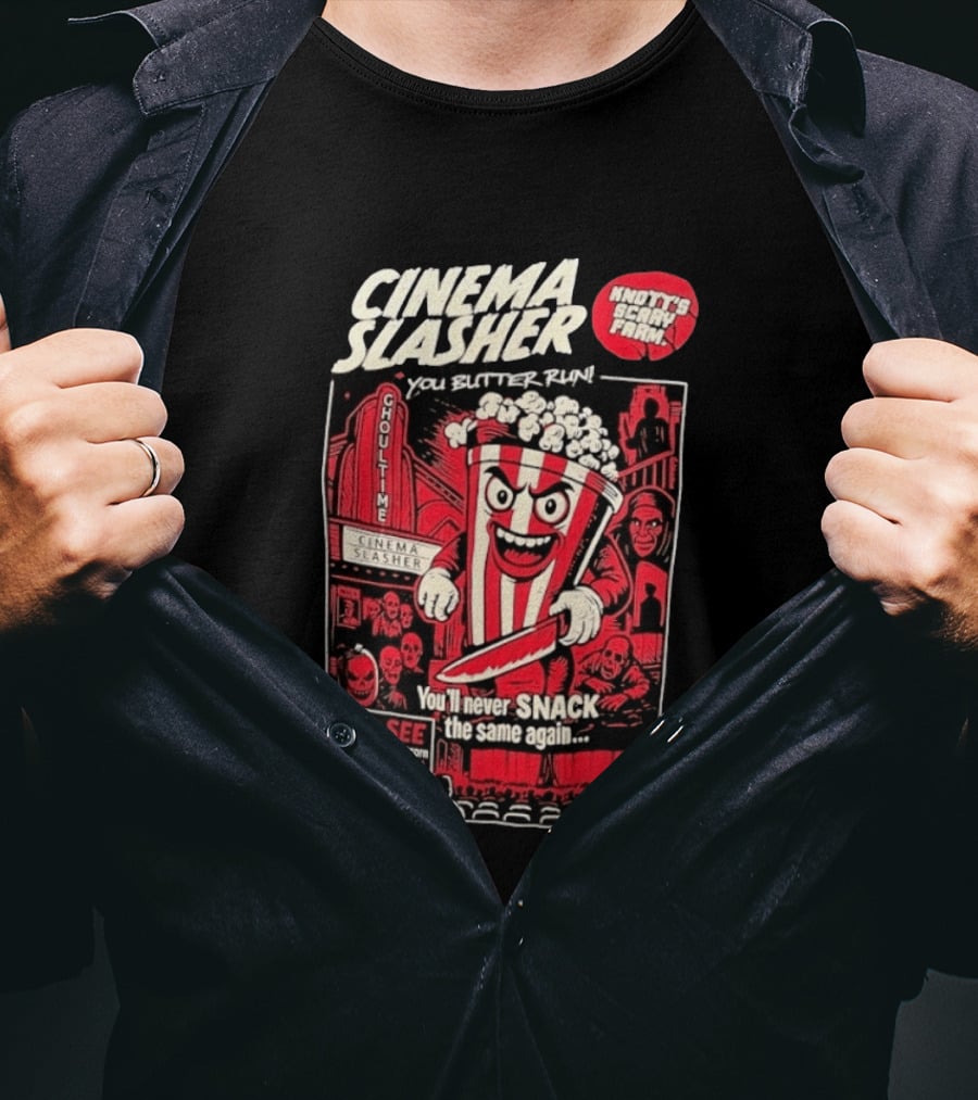 Cinema Slasher You Butter Run Knott's Scary Farm Popcorn Bucket Of Doom T-Shirt