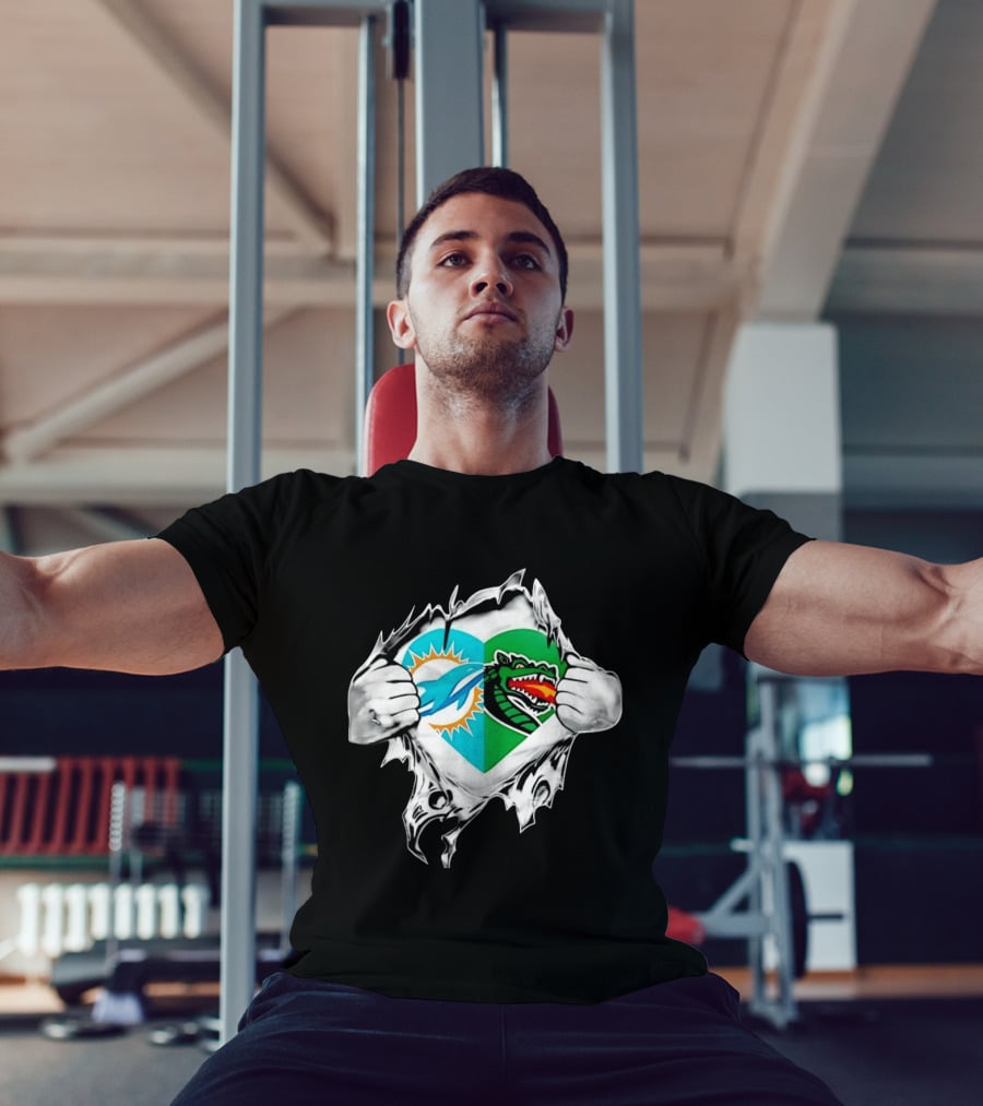 Miami Dolphins UAB Blazers Heart Superman Chest Rip T-Shirt