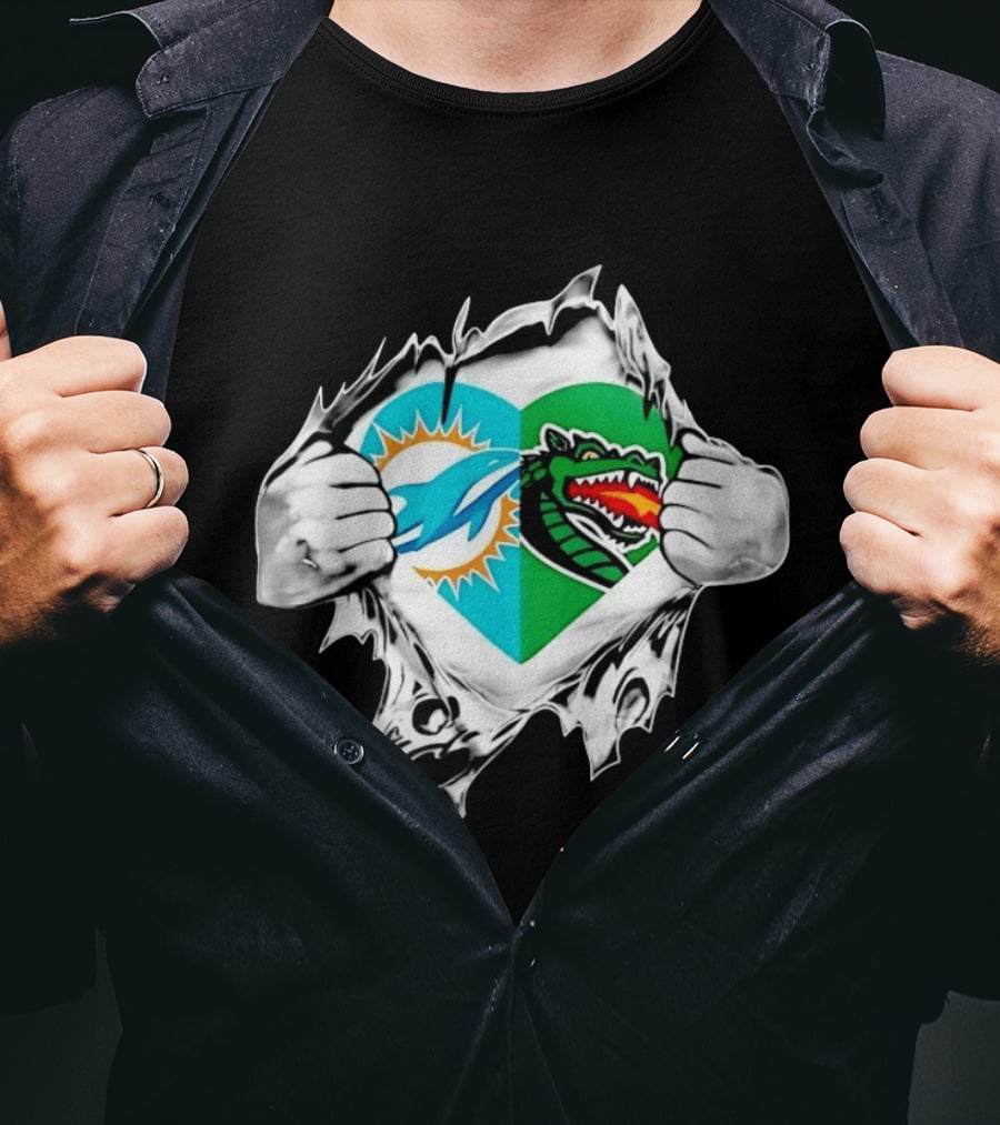 Miami Dolphins UAB Blazers Heart Superman Chest Rip T-Shirt
